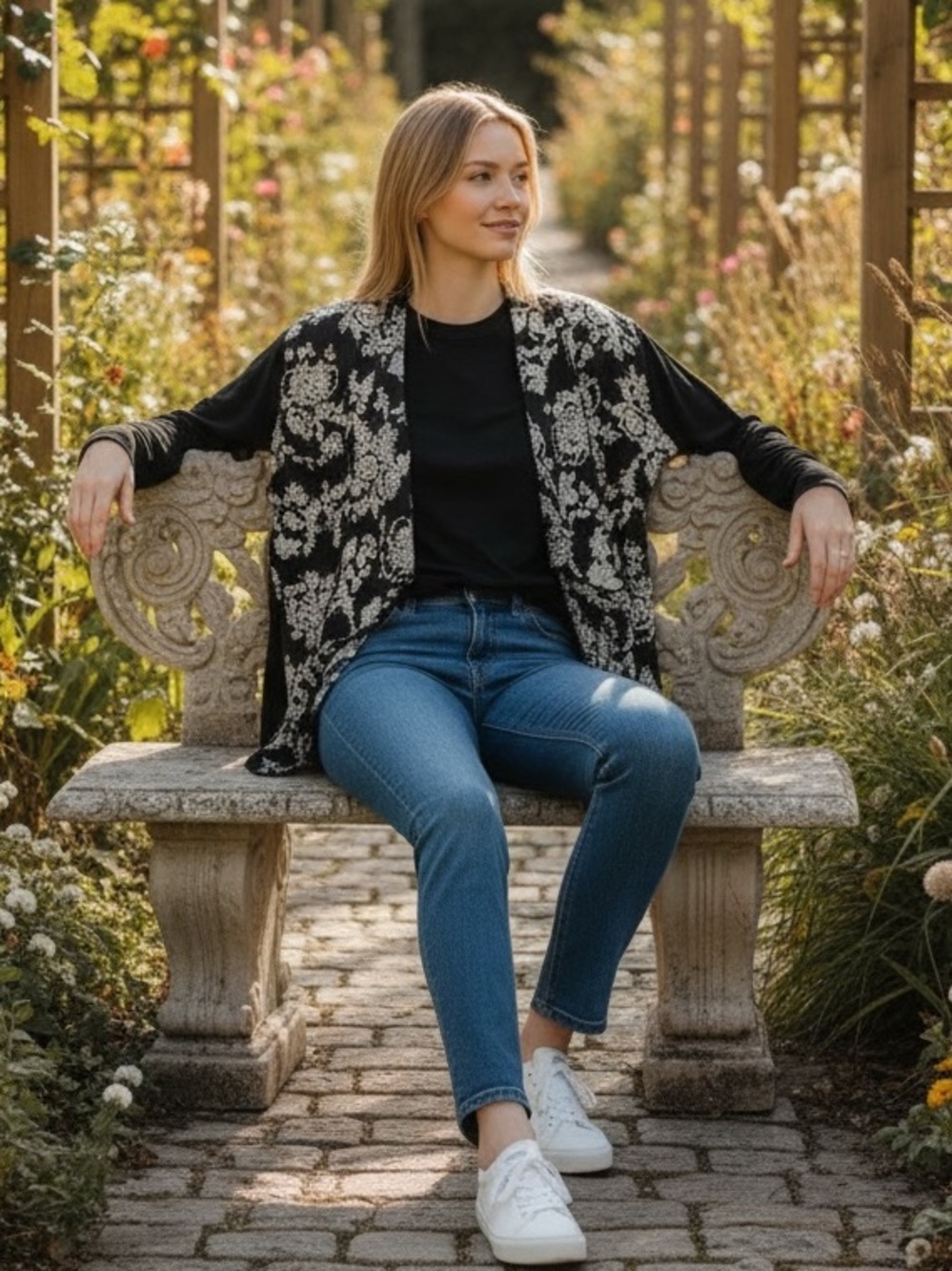 Citron Santa Monica Black Floral Cardigan Sz 1X Jacket Mixed Media Boho Casual